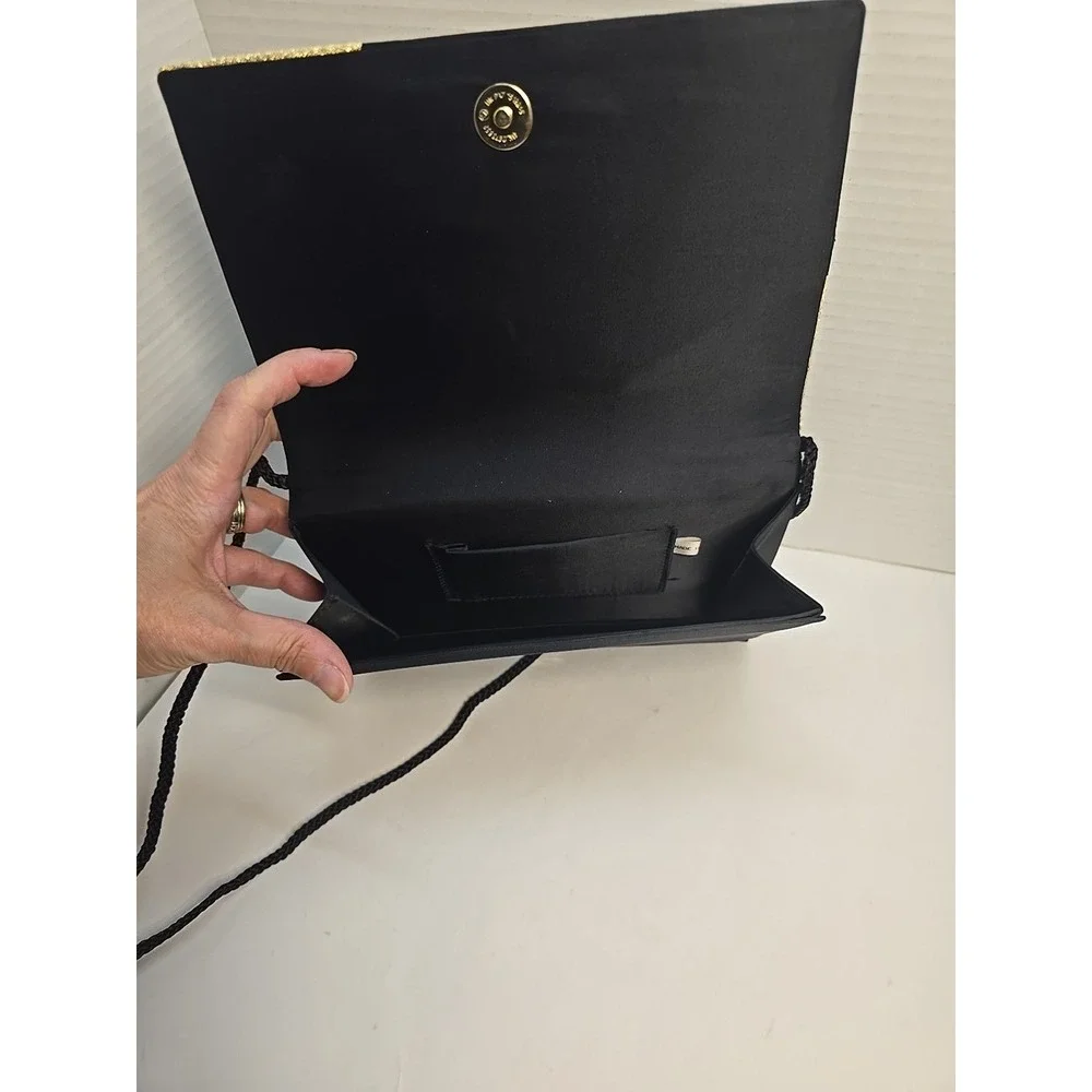 Vintage Black‎ Satin Evening Clutch Gold Rosette Pleated Formal Shoulder Bag